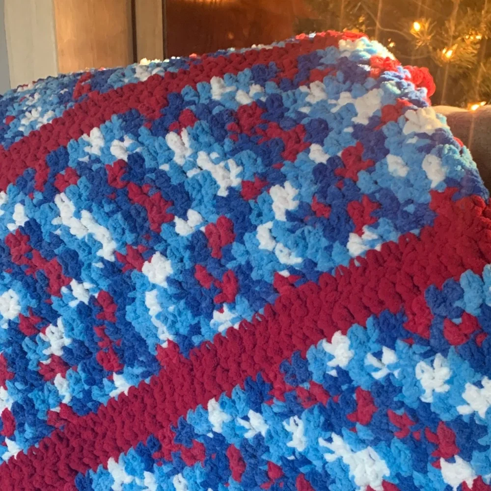Colorful Red White Blue Handmade Crochet Blanket Afghan Apprx. 50x52 inches - Picture 3 of 16